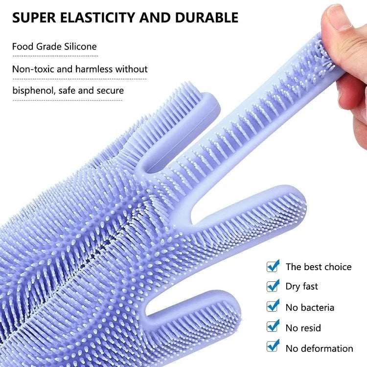 Silicone Dishwashing Gloves, Rubber Scrubbing Gloves, Sponge Cleaning Brush for Dishes Housework, Kitchen, Cars 2 Pairs