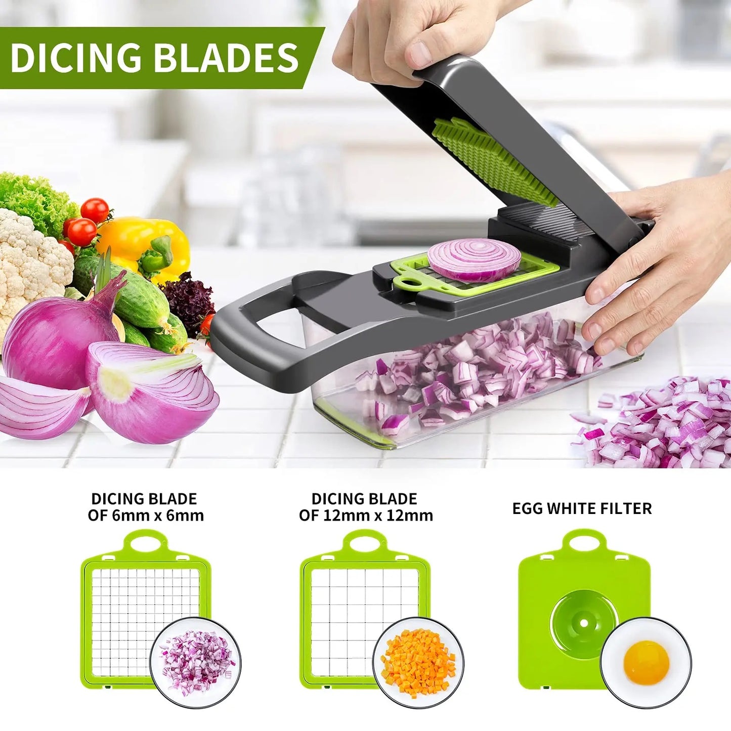 12-in-1 multifunctional slicer:Slicer, Multifunctional, Kitchen, Food preparation, Chopper, Cutter, Dicer, Grater, Julienne, Vegetable, Fruit, Salad