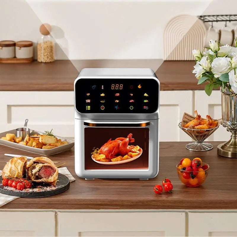 INNOVATIVE Air Fryer Oven, 15.5Qt X-Large Family Size, SS Rotisserie Basket &-Skewer Kit, Powerful 1800W, 50F-425F Temp Controls, Integrated Smart Thermometer Premium Mini 15Liter/Quarts Touch Screen Air-fryer with fat removal technology