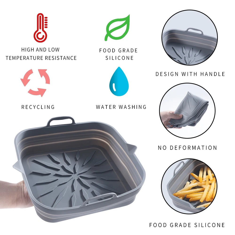 Foldable Square Silicone Air Fryer, Oven, and Microwave Liners - Set of 3: Non-Stick, 8 inches Reusable (Ideal for Baking, Grilling, and Frying) in Red, Black, and Gray.