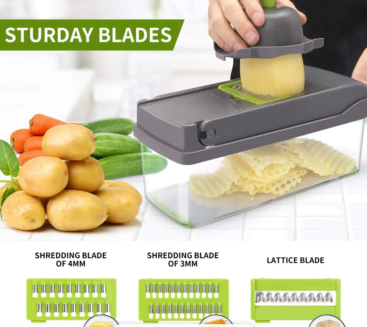 12-in-1 multifunctional slicer:Slicer, Multifunctional, Kitchen, Food preparation, Chopper, Cutter, Dicer, Grater, Julienne, Vegetable, Fruit, Salad