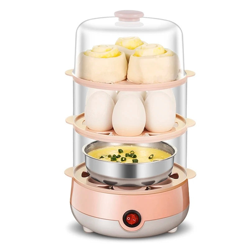 INNOVATIVE Double Tier Egg Cooker, Boiler, Rapid Maker & Poacher, Meal Prep for Week, Family Sized Meals: Up To 14 Large Boiled Eggs, Poaching and Steaming trays Included with bamboo cleaning brush (pink)