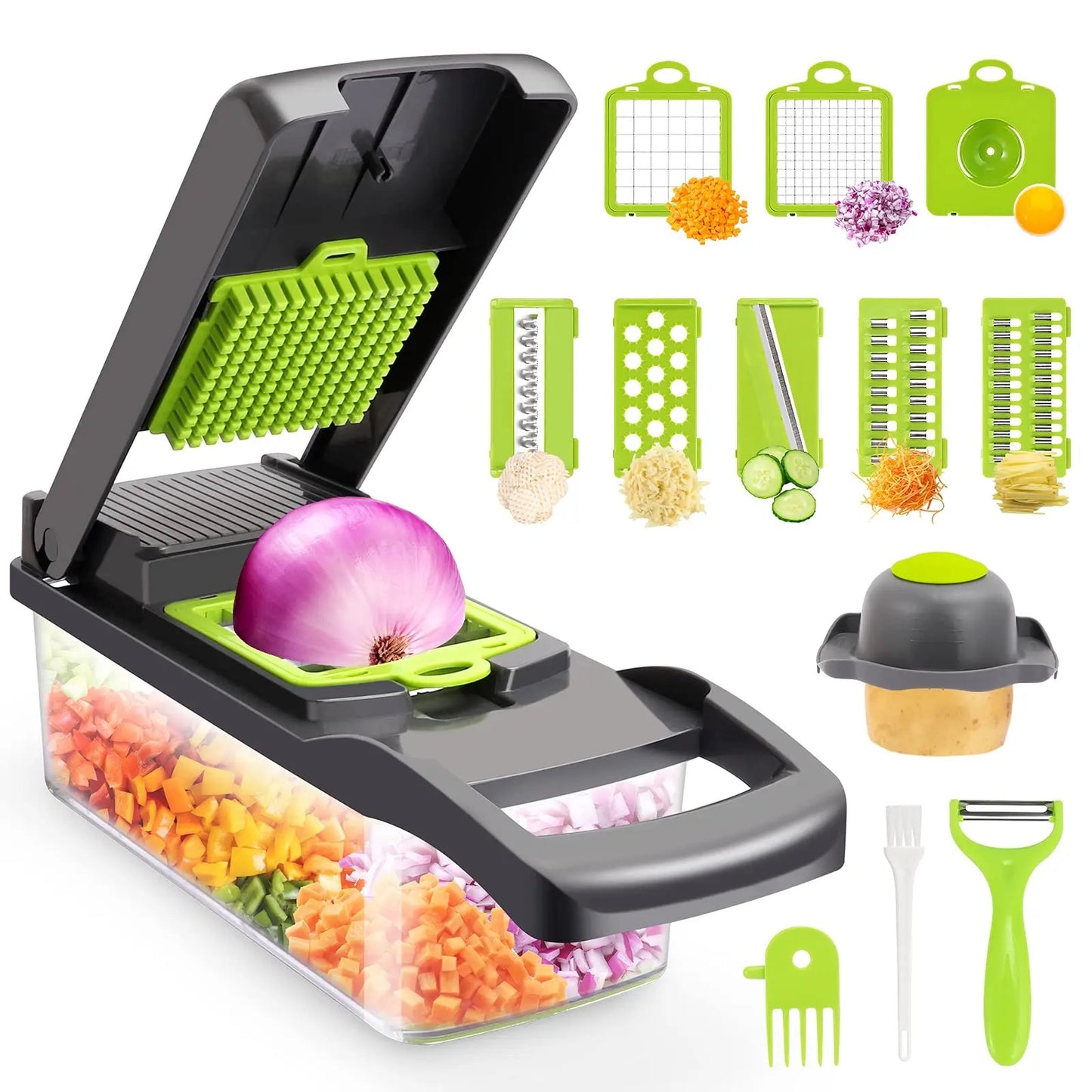 12-in-1 multifunctional slicer:Slicer, Multifunctional, Kitchen, Food preparation, Chopper, Cutter, Dicer, Grater, Julienne, Vegetable, Fruit, Salad