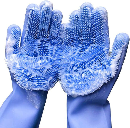 Silicone Dishwashing Gloves, Rubber Scrubbing Gloves, Sponge Cleaning Brush for Dishes Housework, Kitchen, Cars   2 Pairs