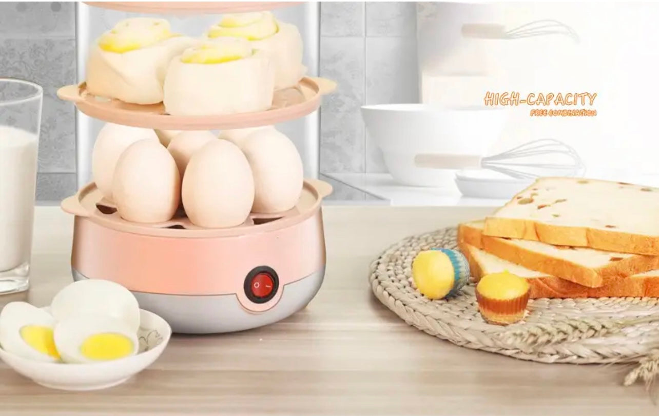 INNOVATIVE Double Tier Egg Cooker, Boiler, Rapid Maker & Poacher, Meal Prep for Week, Family Sized Meals: Up To 14 Large Boiled Eggs, Poaching and Steaming trays Included with bamboo cleaning brush (pink)