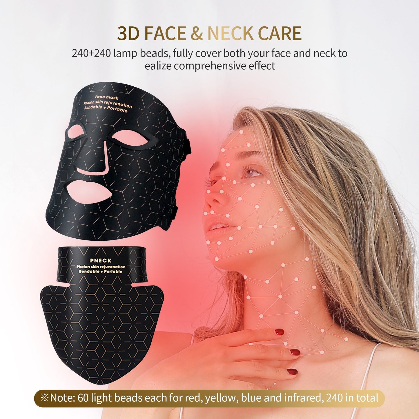 INNOVATIVE Skin LED Light Therapy Face , Neck & Chest Mask 480 Lamp Beads & Soft Mask | Red Light Therapy Treatment Device | Anti-Aging Face Mask for Wrinkle Reduction - 3000 mAh