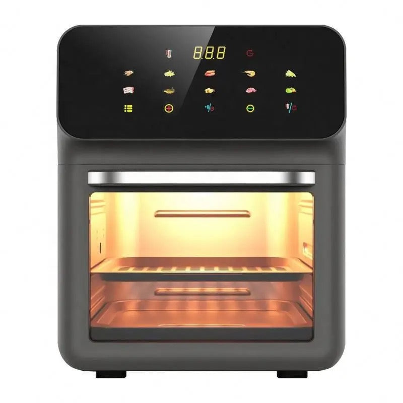 INNOVATIVE Air Fryer Oven, 15.5Qt X-Large Family Size, SS Rotisserie Basket &-Skewer Kit, Powerful 1800W, 50F-425F Temp Controls, Integrated Smart Thermometer Premium Mini 15Liter/Quarts Touch Screen Air-fryer with fat removal technology