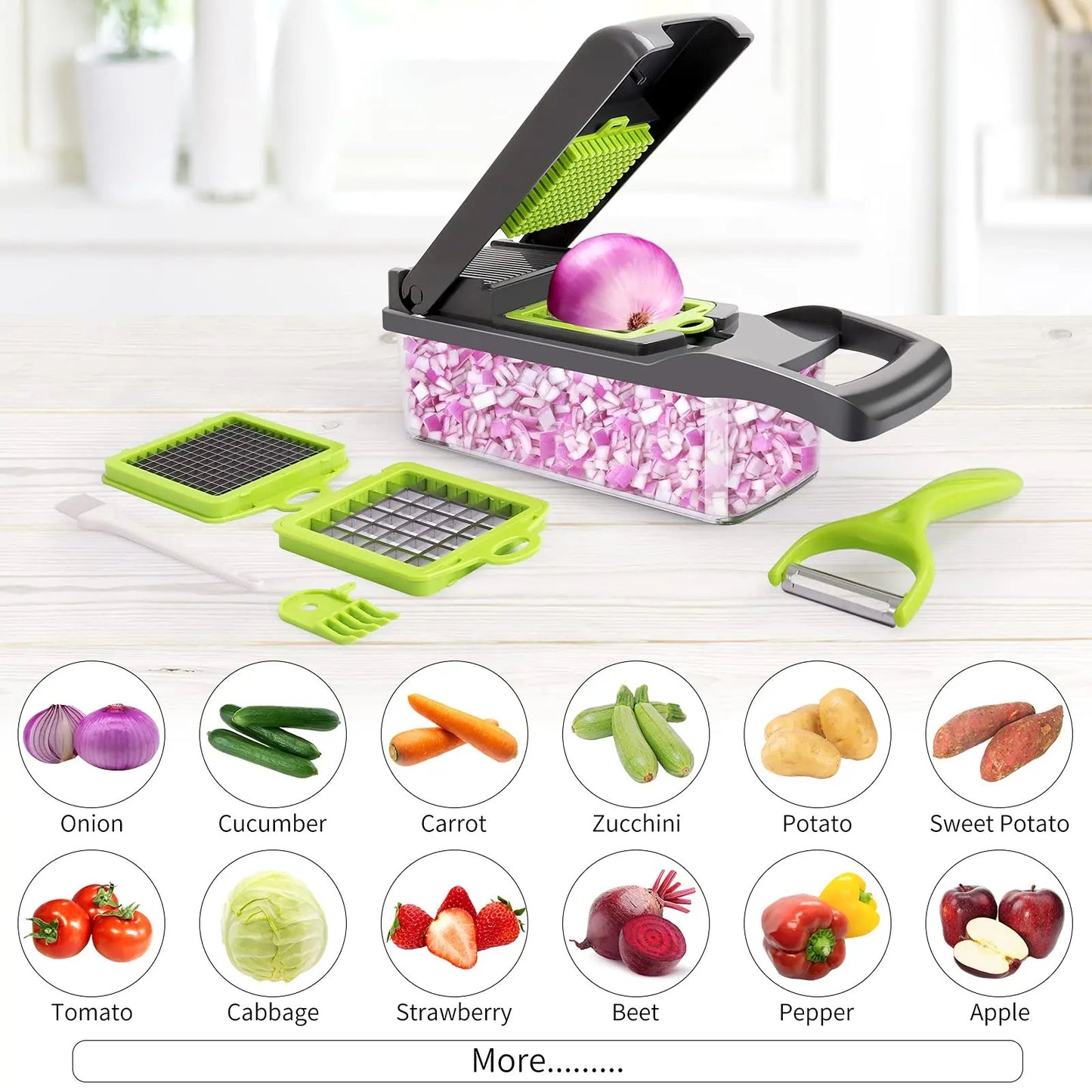 12-in-1 multifunctional slicer:Slicer, Multifunctional, Kitchen, Food preparation, Chopper, Cutter, Dicer, Grater, Julienne, Vegetable, Fruit, Salad