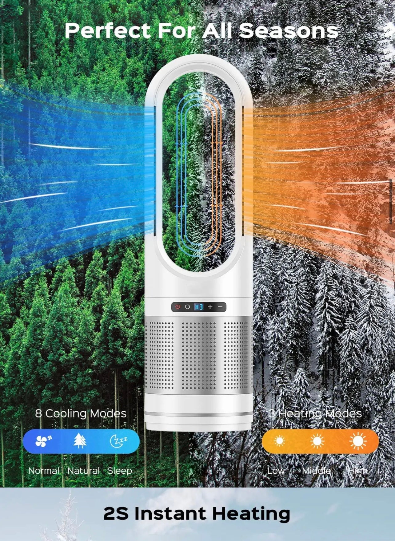 82cm/32inch Heater + Cool Air Hepa Purification  bladeless tower  fan cool 40w heat 1400w (Silver)