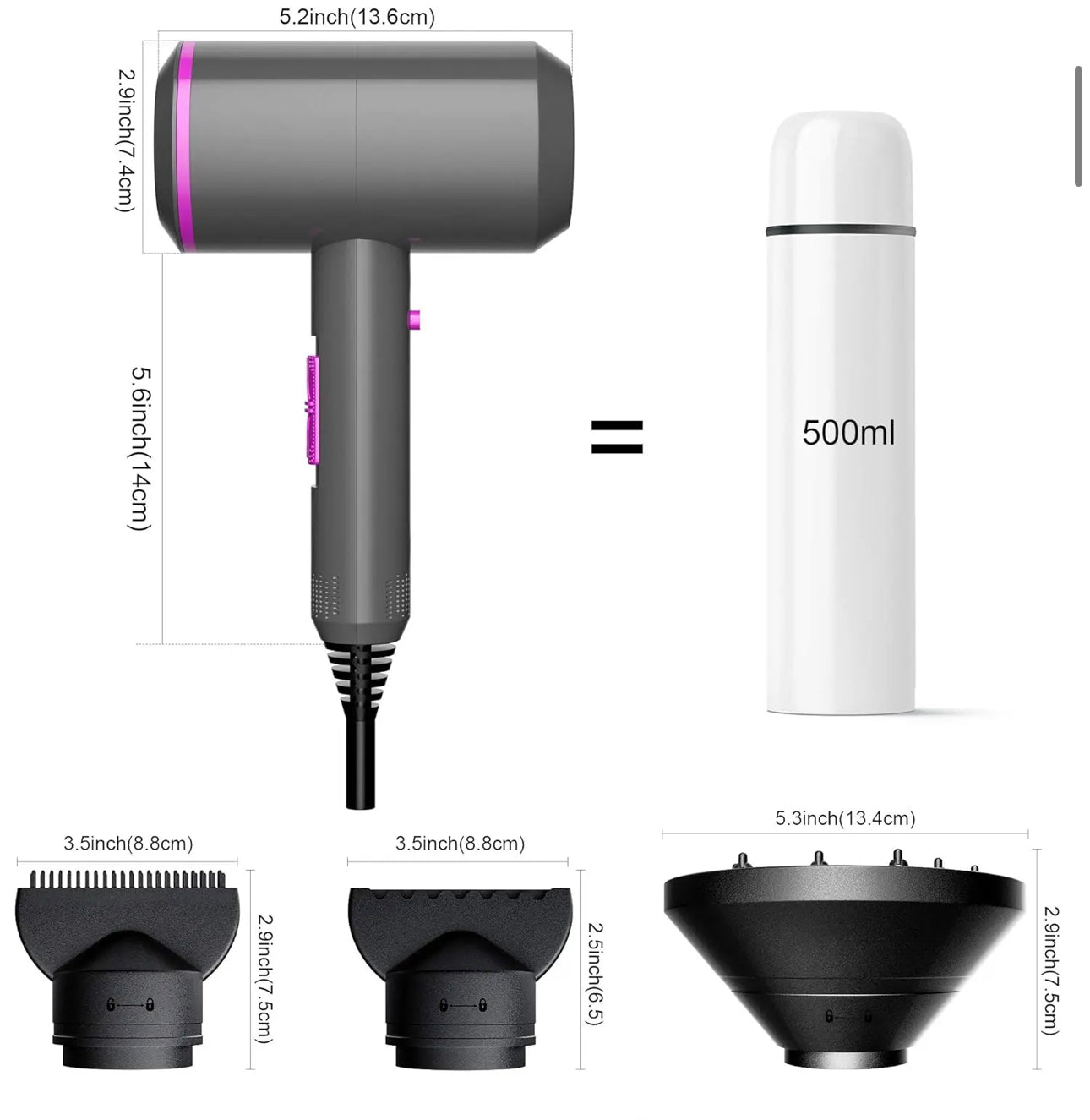 INNOVATIVE Ionic Hair Dryer, Powerful 2000Watt Fast Drying Low Noise Blow Dryer with 2 Concentrator Nozzles 1 Diffuser Attachments with comb gift for Home, Salon & Travel