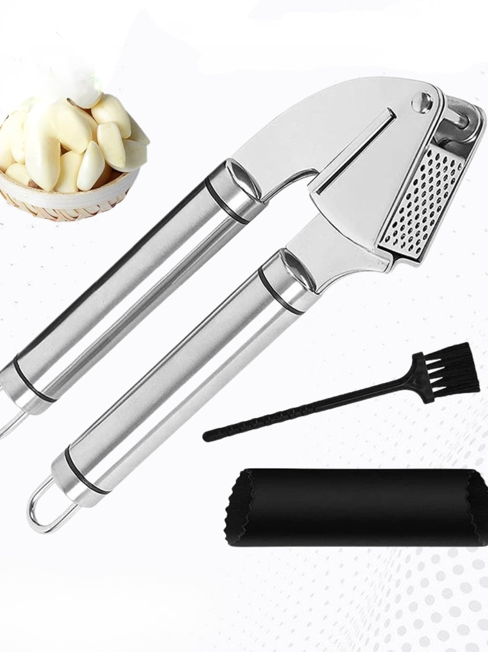 Handle held stainless steel garlic press 