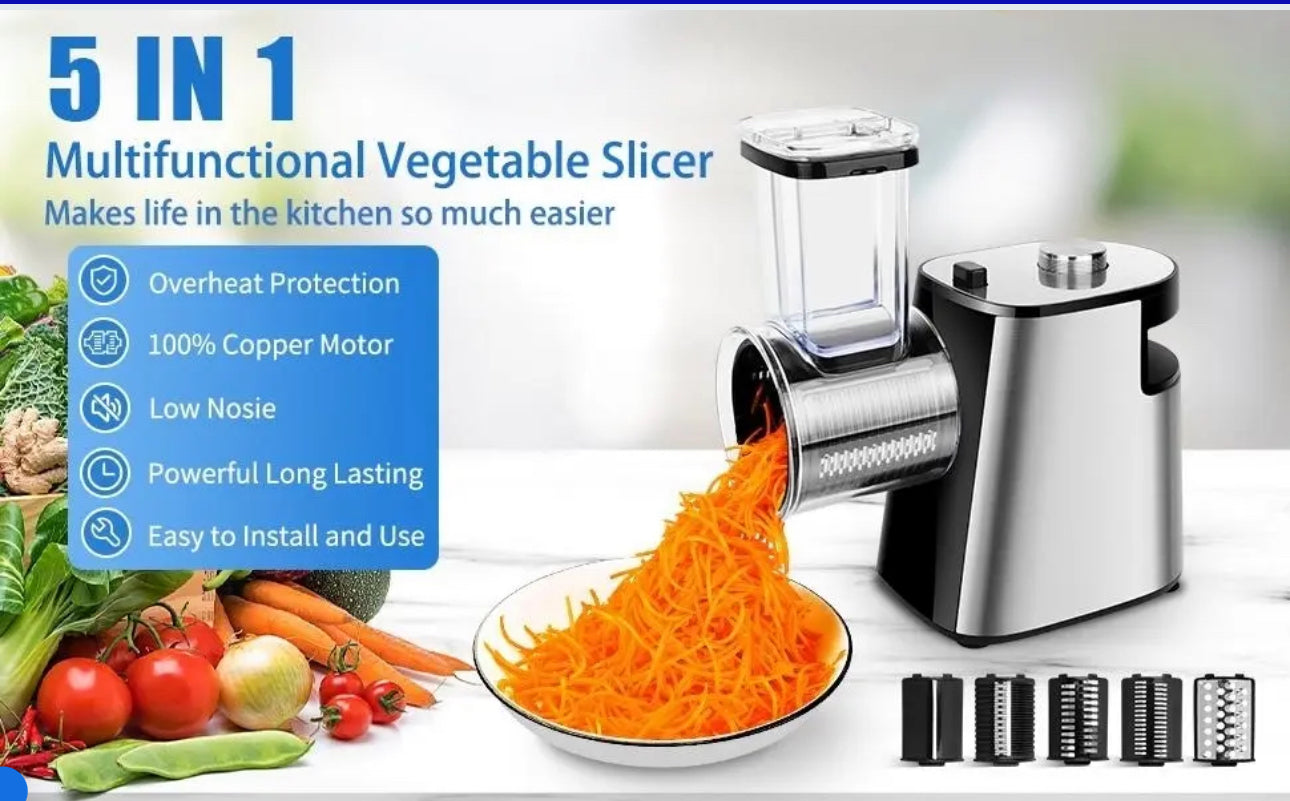 INNOVATIVE Electric Cheese & Vegetable Grater, Professional Electric Slicer Shredder, Electric Salad Machine for Fruits, Vegetables, Cheeses, Salad Maker Processor 500W Machine with 5 Blades BPA-Free , FDA-Approved (5-in-1, Stainless Steel)