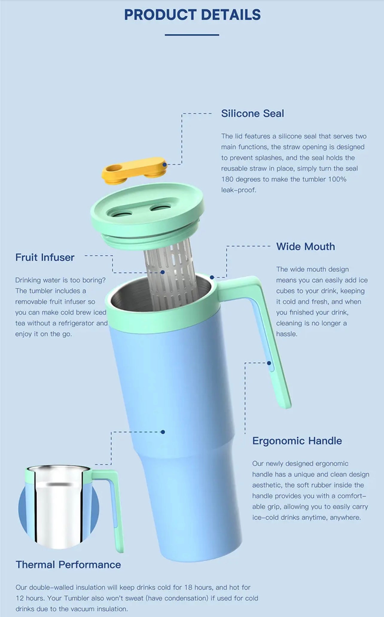 40oz stainless steel insulated vacuum tumbler with straw and fruit infuser filter with sealed lid