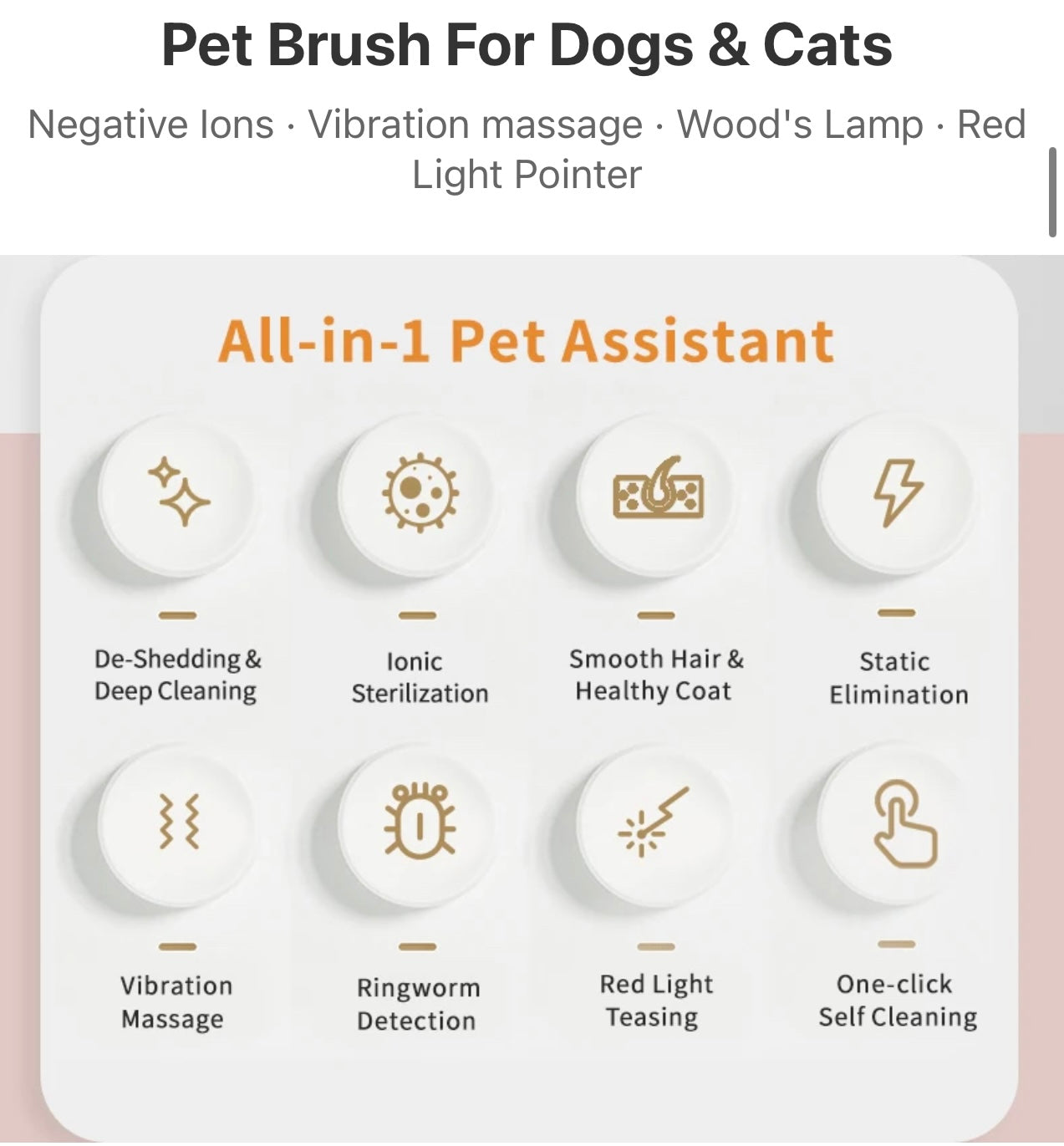 4-In-1 Cat & Dog ionic grooming, Rechargeable self-cleaning brush  , massager , red light pointer & ring worm detector