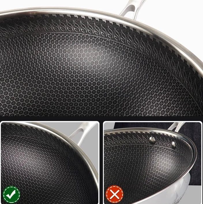 INNOVATIVE 12.5“/32 cm 316L Stainless Steel Honeycomb Texture Pattern Non-Stick Coating Kitchenware Wok with Glass Lid, With Bamboo Spatula Side Handle -Scratch-resistant Raised-up Honeycomb Fire Textured Pattern