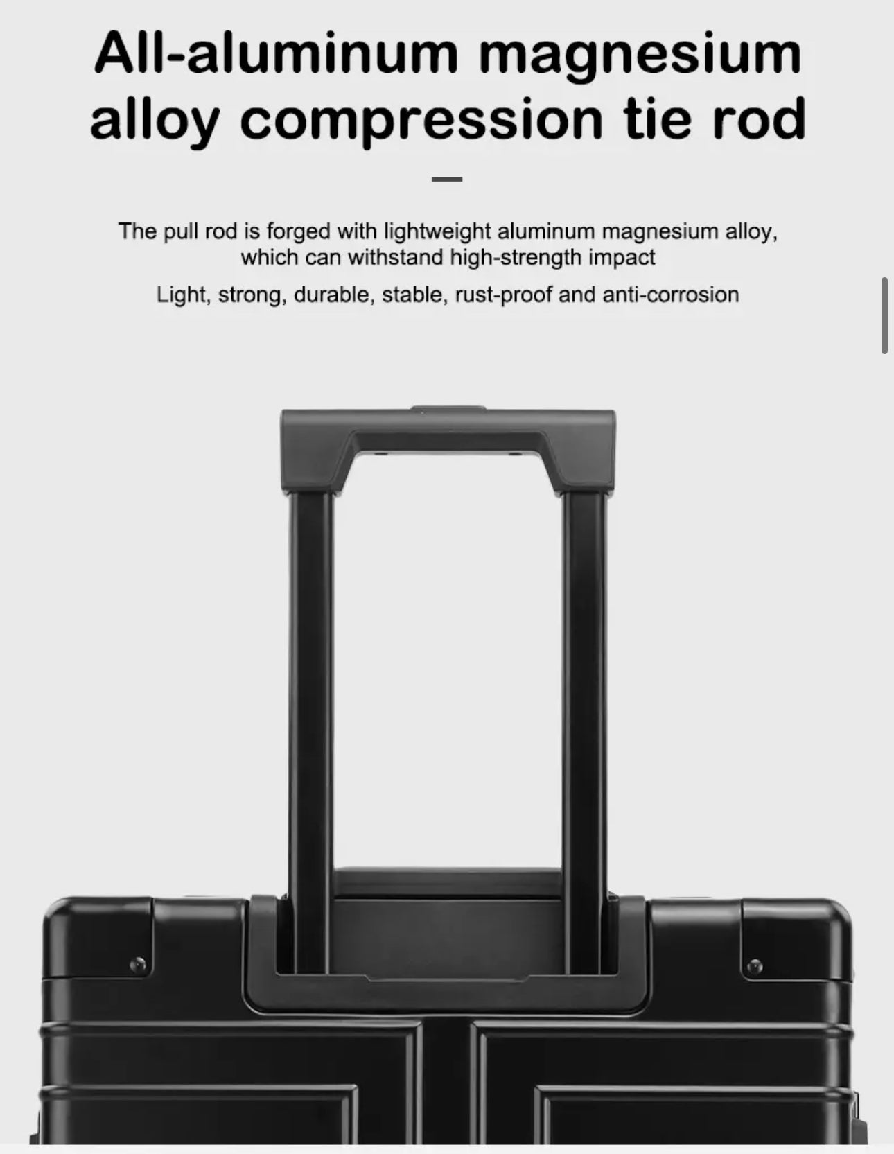 ISP anodised aluminium alloy, riveted high-gloss aluminium anti-crash corners. large 4 wheel aluminium suitcase provides enough room.