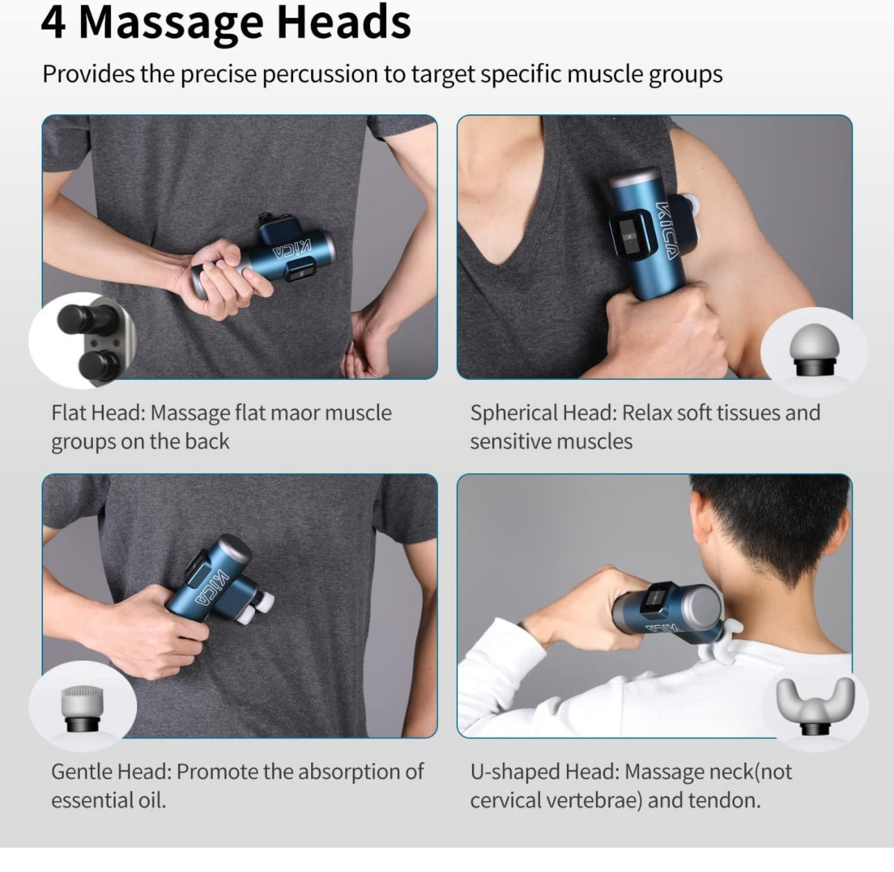 Kica Pro Double-Head Mini Massage Gun with LED Display Touchscreen, Handheld Deep Tissue Percussion Muscle Massage Gun for Therapy and Relaxation, 6 Massage Heads 10 Speeds Power Brushless Motor