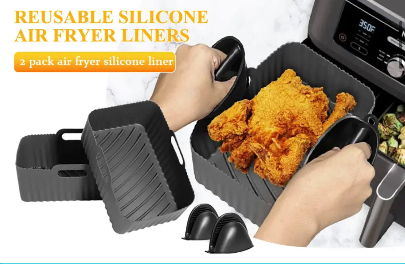 INNOVATIVE Silicone Air Fryer Accessories for 5-9QT Dual Air fryers & Ninja Rectangular Airfryer. Includes Liners, Gloves, Rack, Paper, Tong, Brush - Oven, Microwave Safe, Enhance Your Cooking Experience (9pcs)