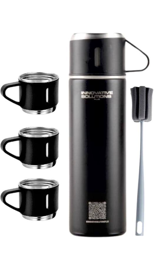 Eco friendly Stainless Steel 500ml/ 16.9oz infused 304 stainless steel vacuum thermos insulated water bottle 3 cups for Coffee, Hot Drink and Cold Drink Water Flask with Free Brush