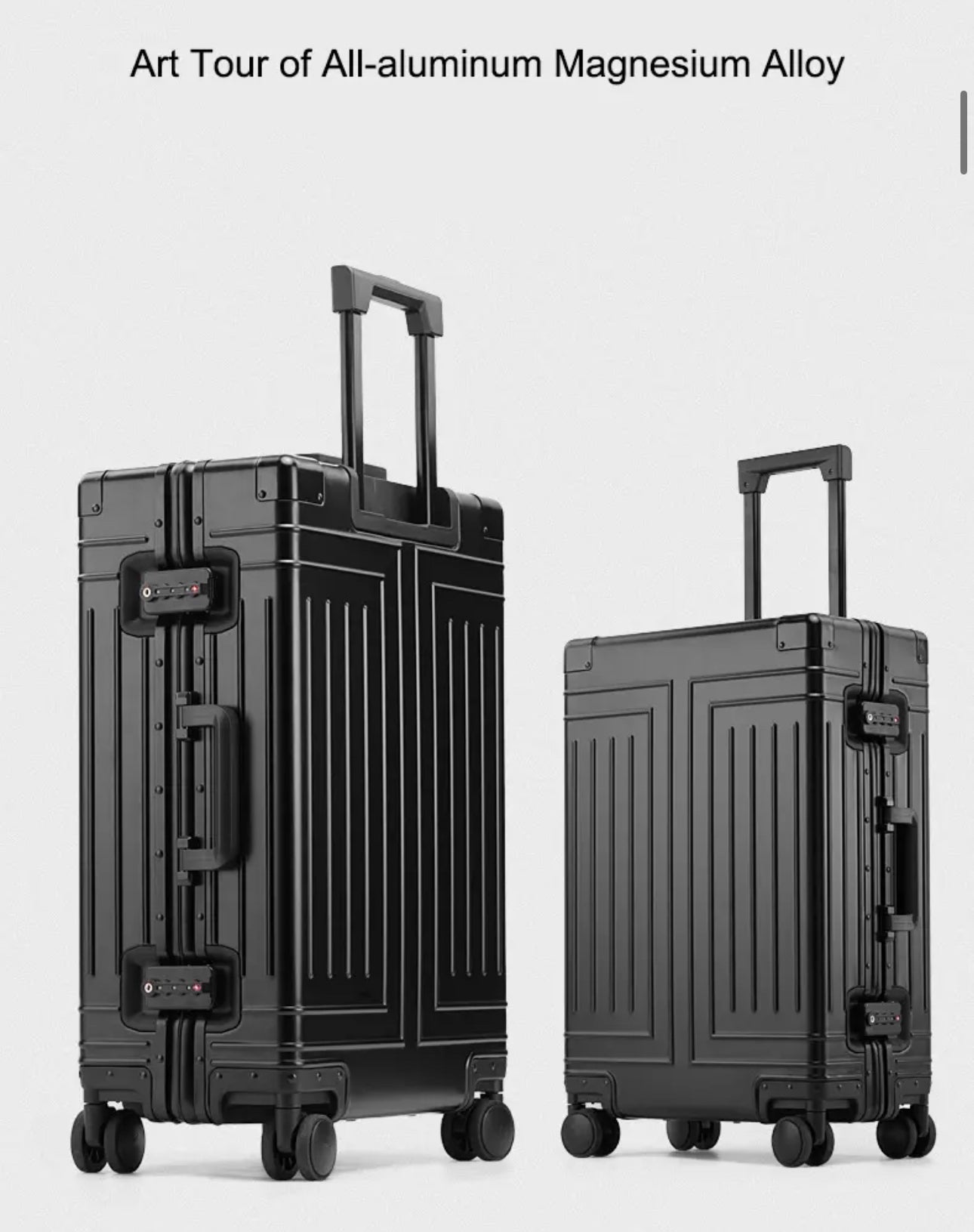 ISP anodised aluminium alloy, riveted high-gloss aluminium anti-crash corners. large 4 wheel aluminium suitcase provides enough room.