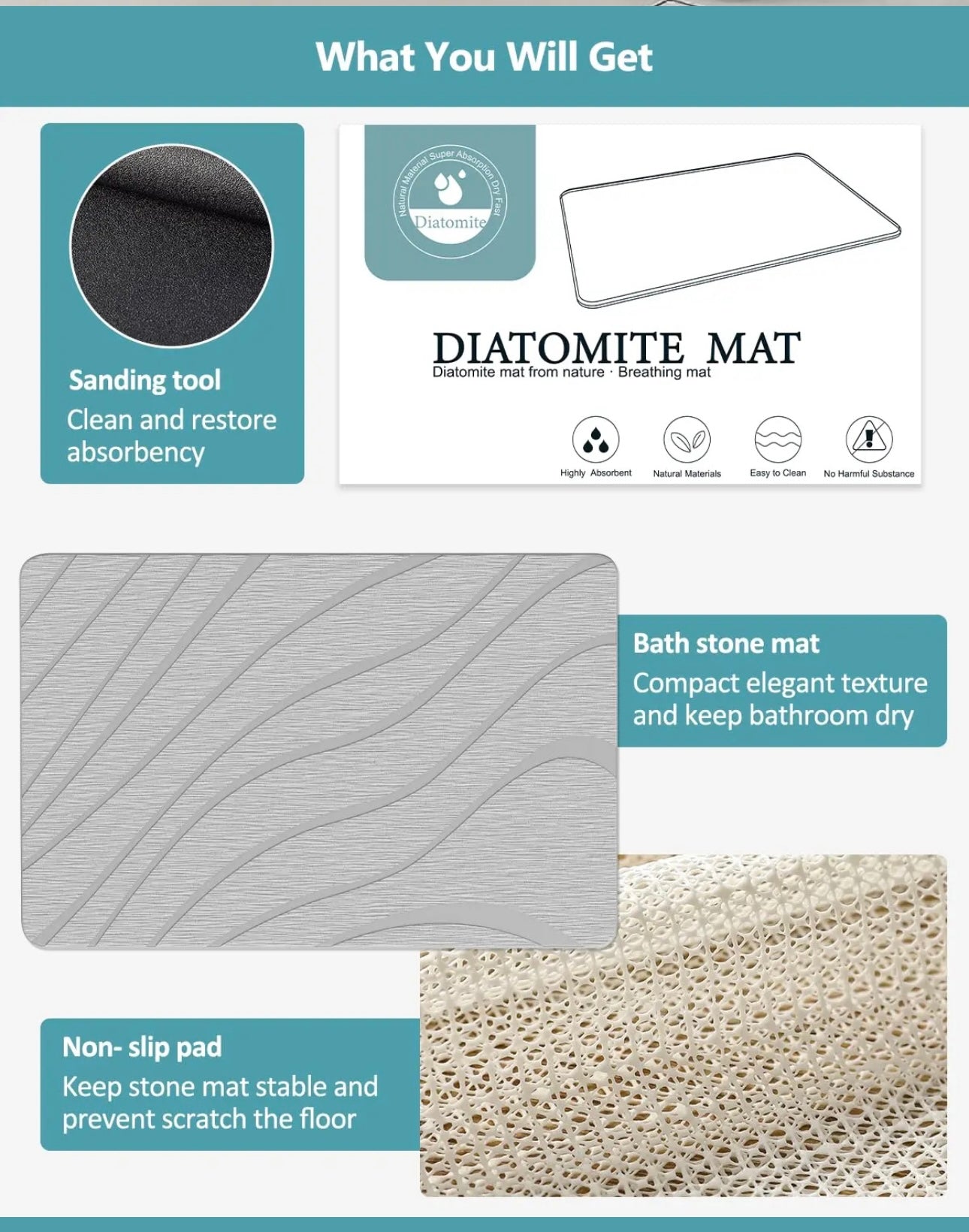 INNOVATIVE Stone Bath Mat Large, Quick Drying Bath Mat Stone Absorbing, Super Absorbent Diatomaceous Earth Bath Mat for Bathroom Kitchen, Easy to Clean