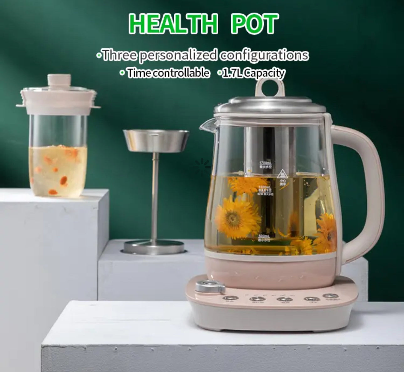 INNOVATIVE V1 Health Pot, Electric Kettle Tea Maker with Infuser, Borosilicate Glass Kettle & Stew Pot 1.7L 220V