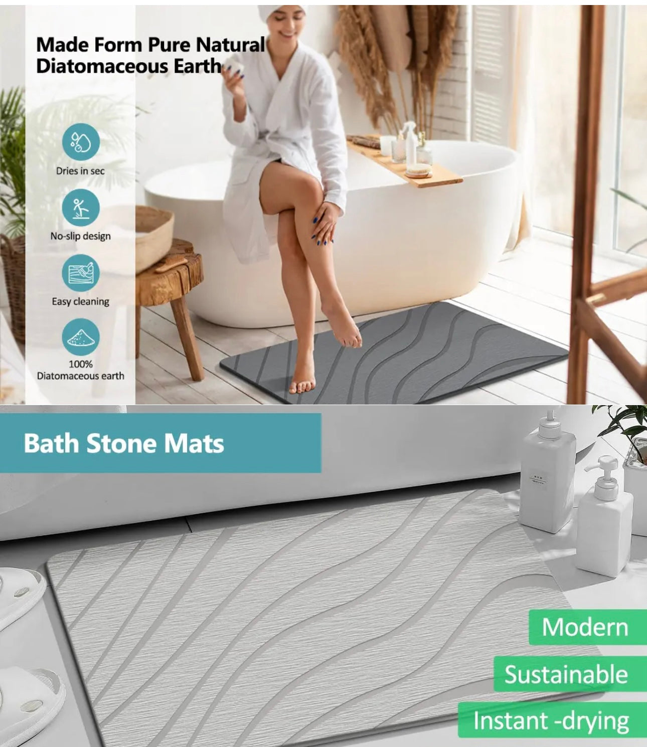 INNOVATIVE Stone Bath Mat Large, Quick Drying Bath Mat Stone Absorbing, Super Absorbent Diatomaceous Earth Bath Mat for Bathroom Kitchen, Easy to Clean