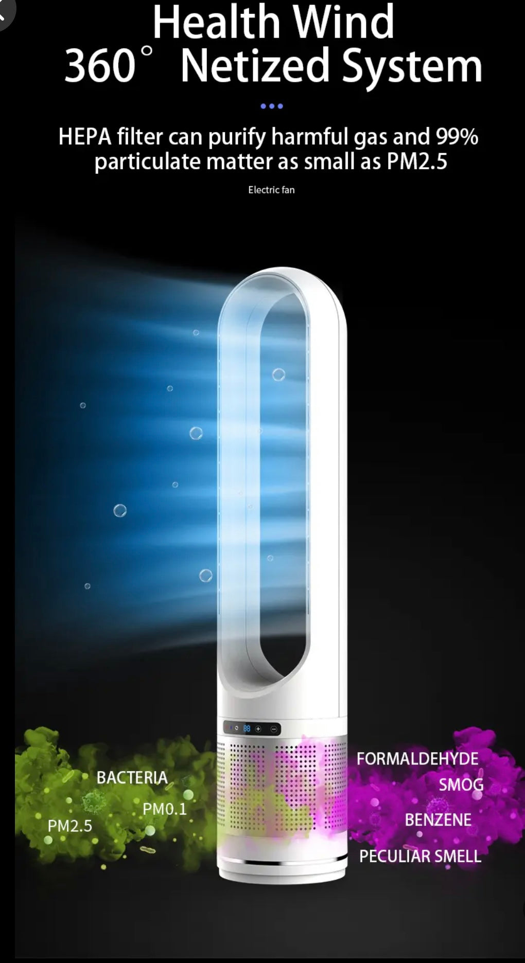 82cm/32inch Heater + Cool Air Hepa Purification  bladeless tower  fan cool 40w heat 1400w (Silver)