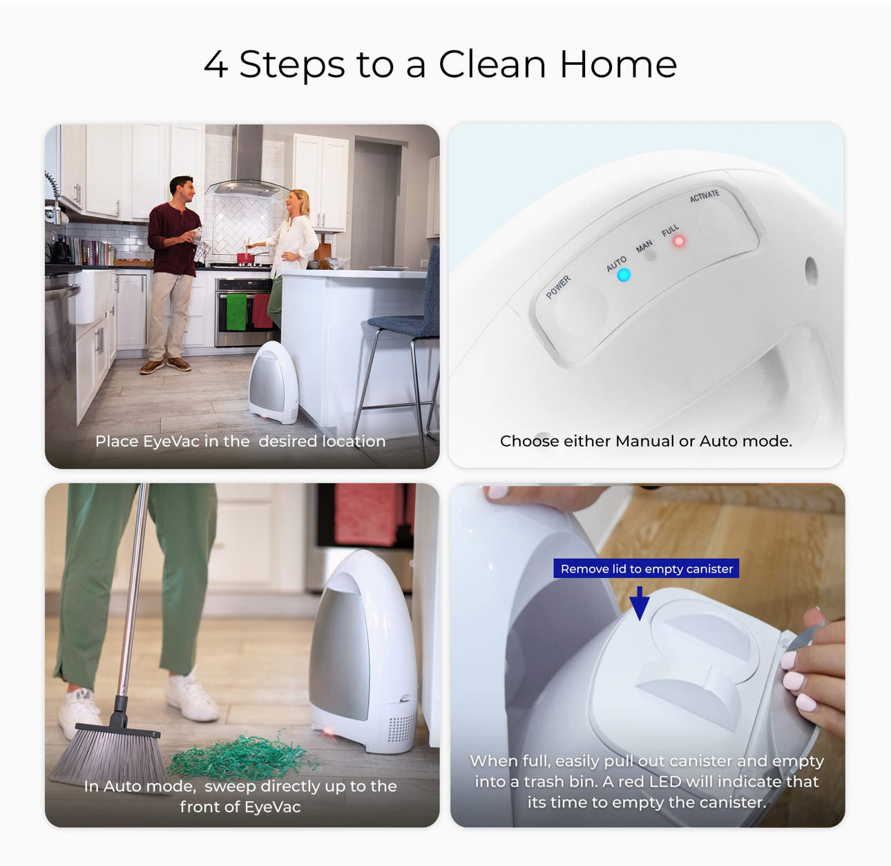 Automatic Dustpan Vacuum with Touchless Operation - Ideal for Cleaning Up Pet Hair, Food Crumbs, and Dirt in the Kitchen - High-Speed & Powerful, Corded Canister Vacuum, Bagless Design, Equipped with Automatic Sensors, 1000 Watts (White)