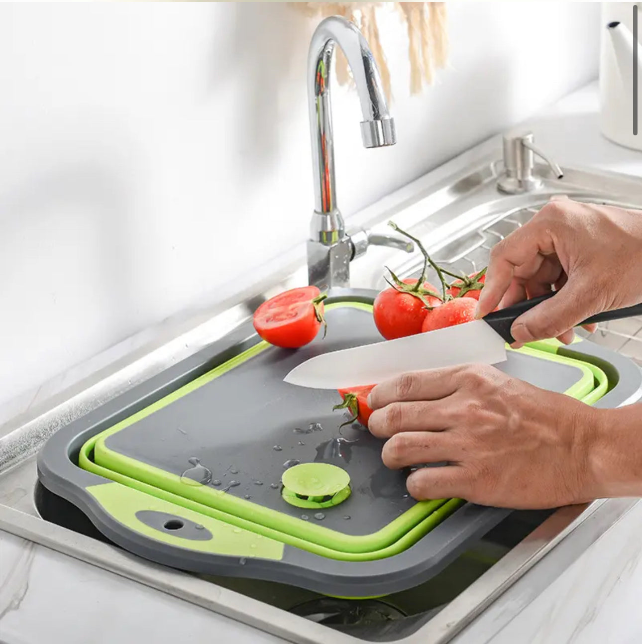 INNOVATIVE Cutting Board Collapsible Board with Knife Foldable Drainer Space Saving Multifunctional Kitchen Cutting Board (3-in-1, Green)