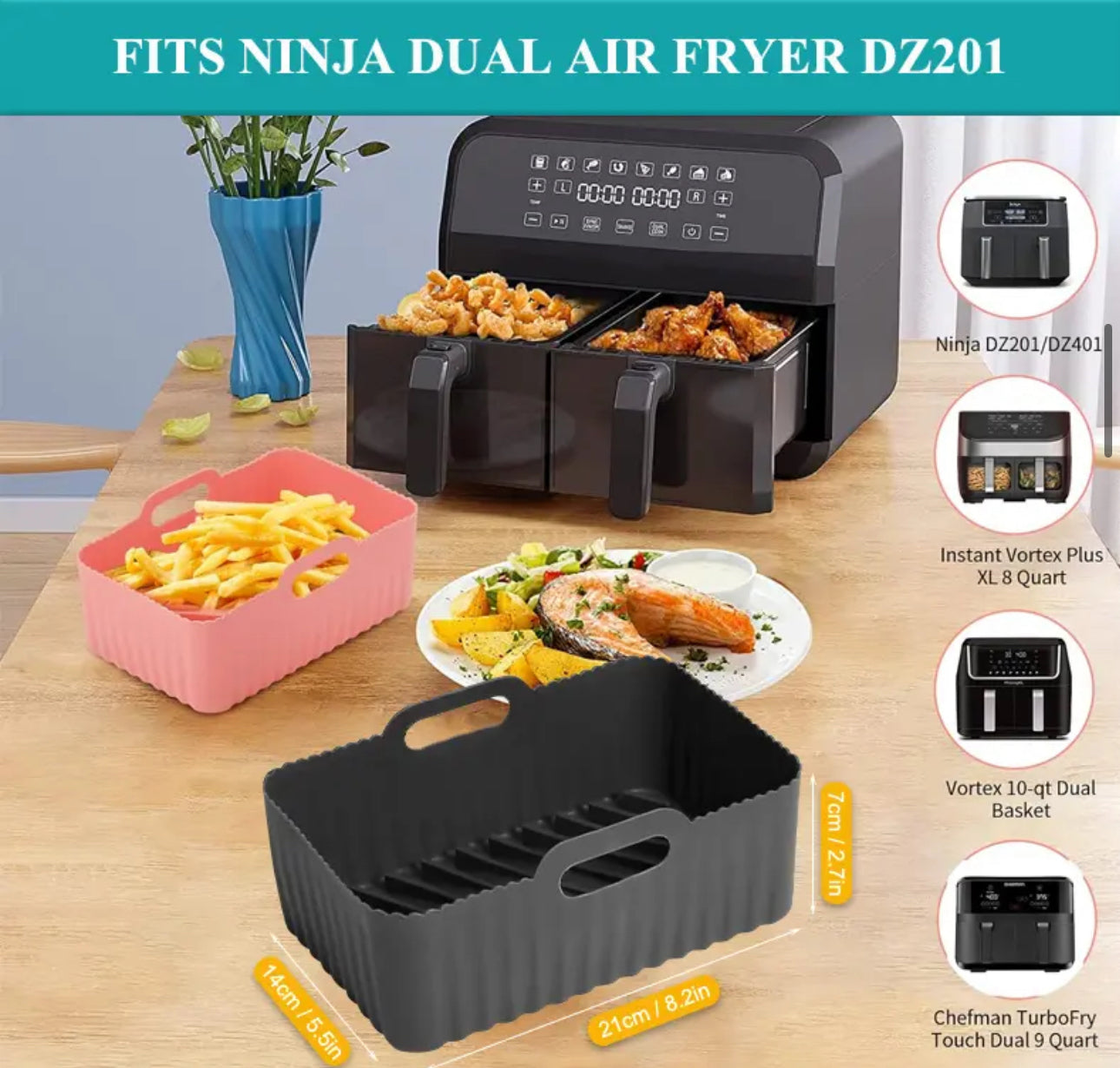 INNOVATIVE Silicone Air Fryer Accessories for 5-9QT Dual Air fryers & Ninja Rectangular Airfryer. Includes Liners, Gloves, Rack, Paper, Tong, Brush - Oven, Microwave Safe, Enhance Your Cooking Experience (9pcs)