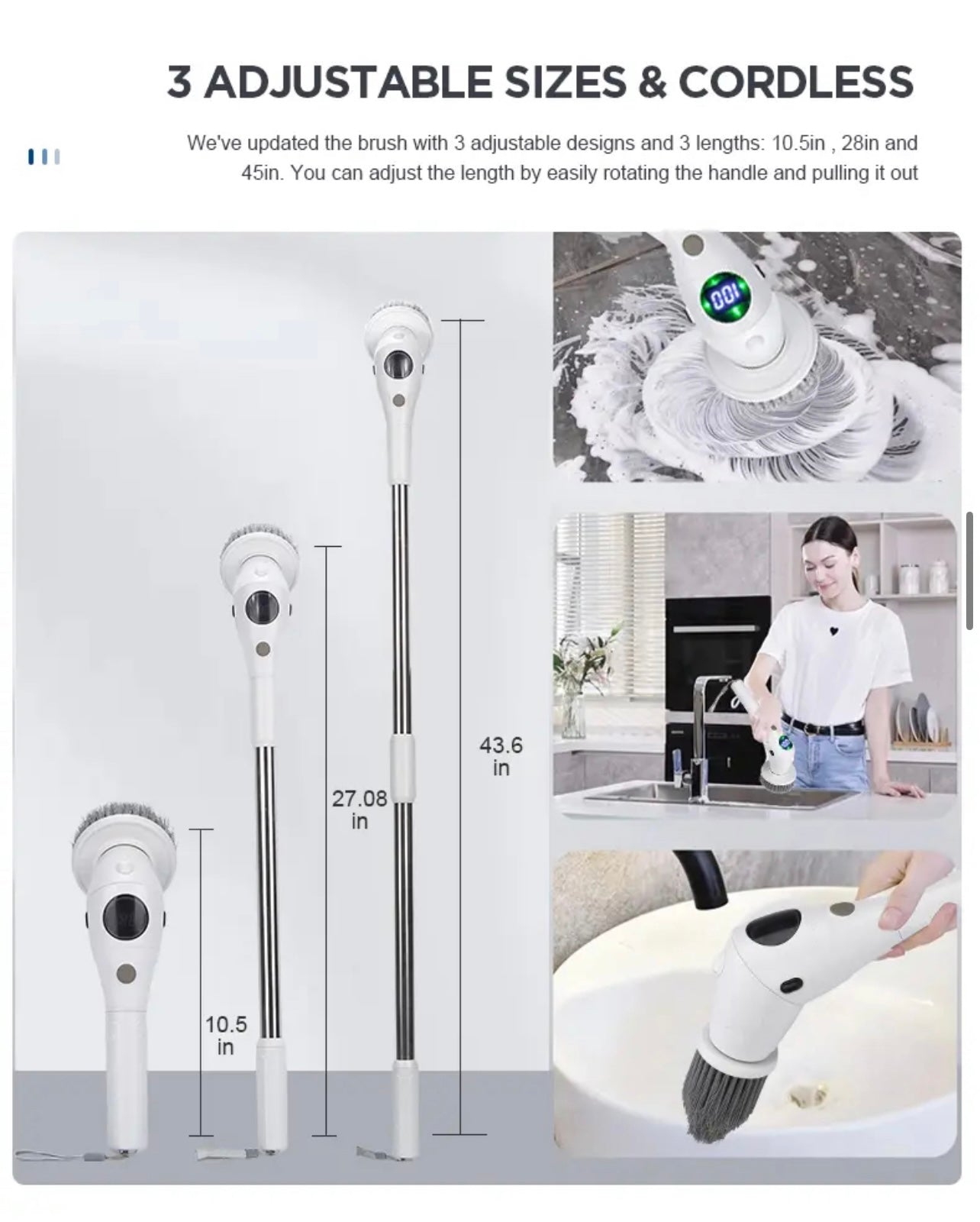 8 in 1 LED Cordless Powerful Spin Cleaning Brush (with LED Night Light , 3 Speed Control,Battery LED Display)