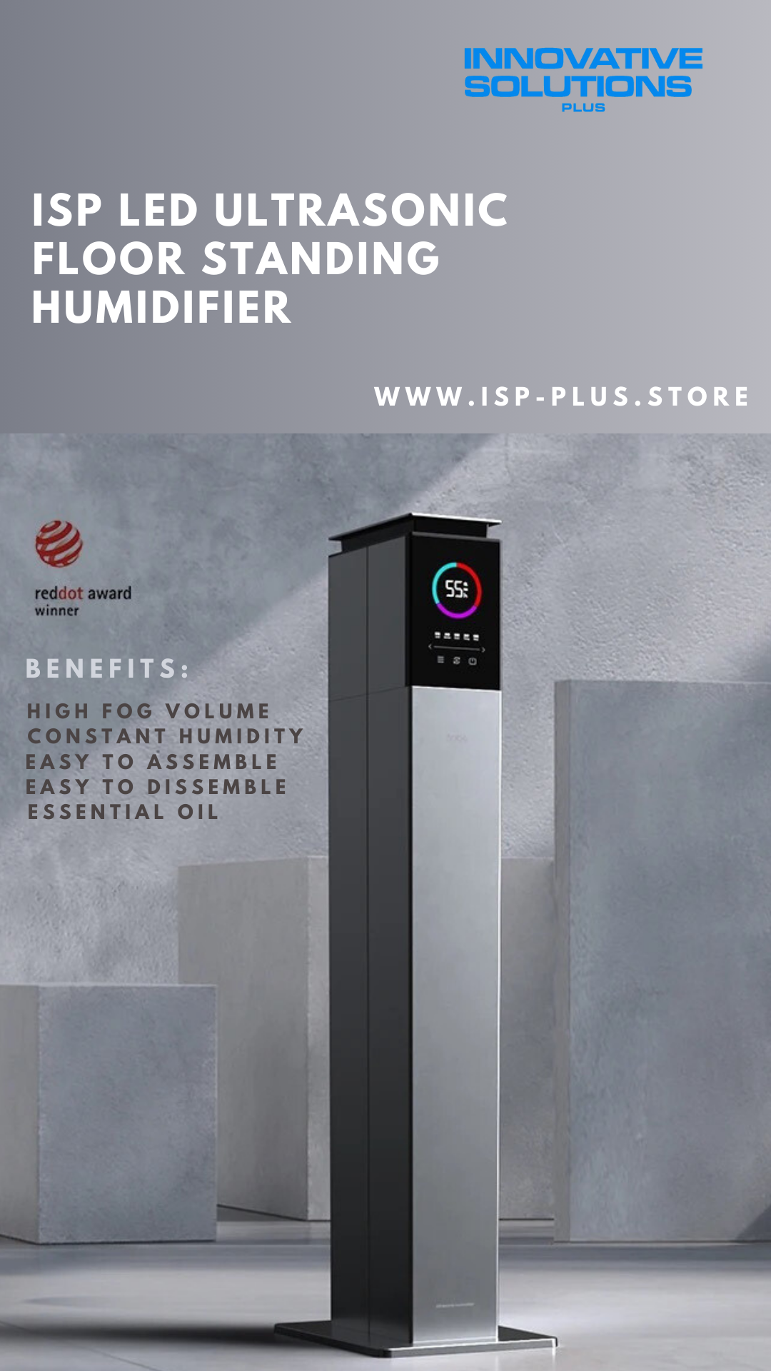 Ultrasonic Red Dot Award Winner LED Floor Standing Humidifier With Essential Oil Capability