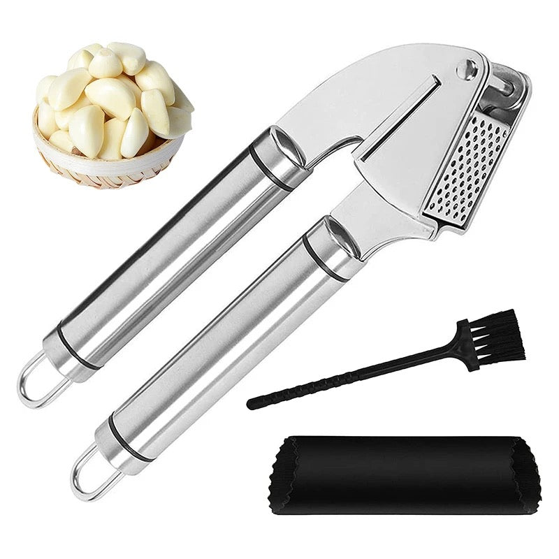 Stainless Steel Handheld Garlic Press With Silicone Rocker Peeler