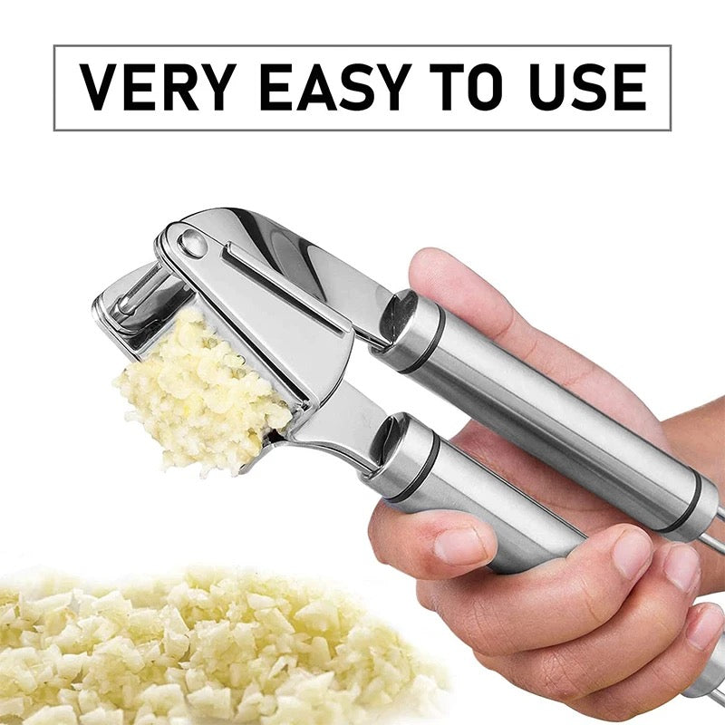 Stainless Steel Handheld Garlic Press With Silicone Rocker Peeler