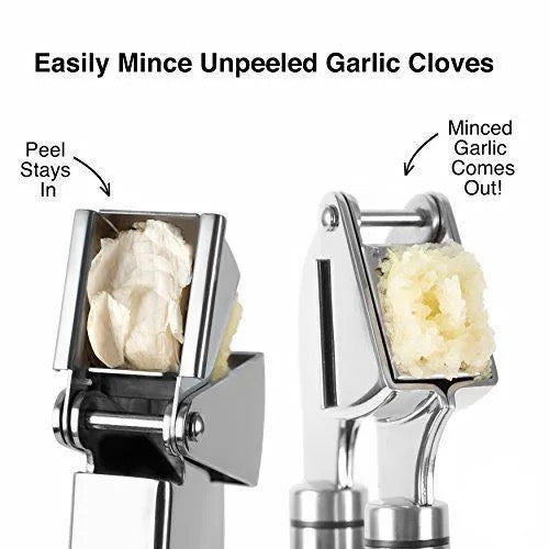 Stainless Steel Handheld Garlic Press With Silicone Rocker Peeler