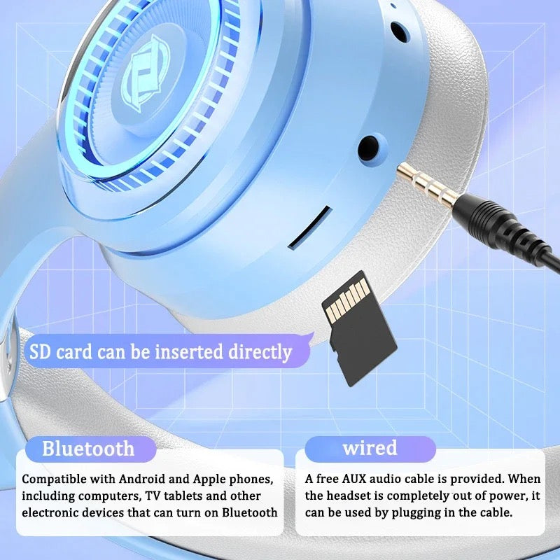 ISP LED Cat Ear Headphone Bluetooth 5.3 - Gaming Headset for PC PS5 Switch Xbox, 2.4G/Wireless/Wired, Attachable Gaming Microphone, Customizable Lighting and Effect. (800Mah)