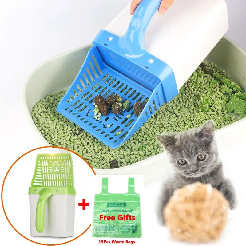 Cat litter sifter and scooper with holder / trap door