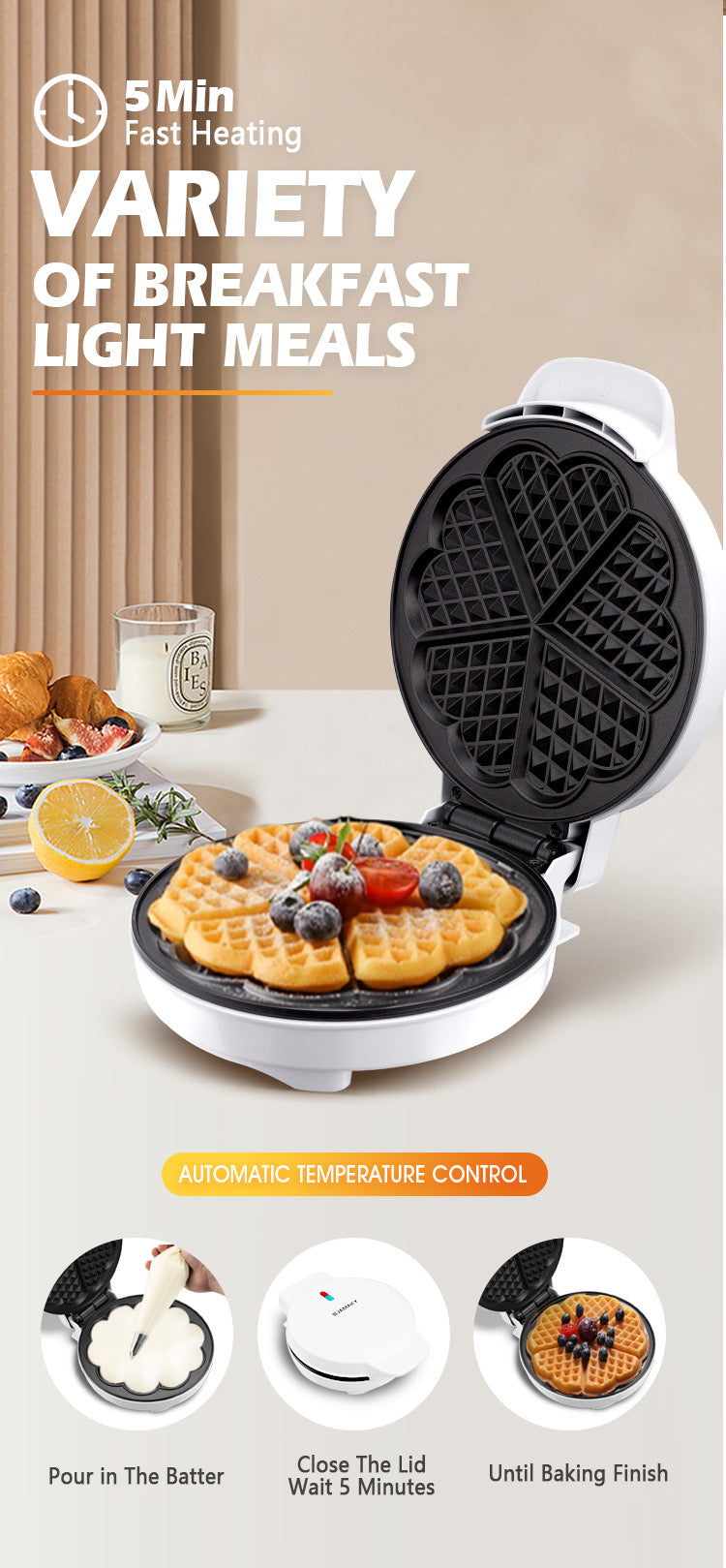 ISP 5 Slice Mini-Heart Shaped Fast 1500W Waffle Maker Machine |Stainless Steel Non-Stick Cooking Plates