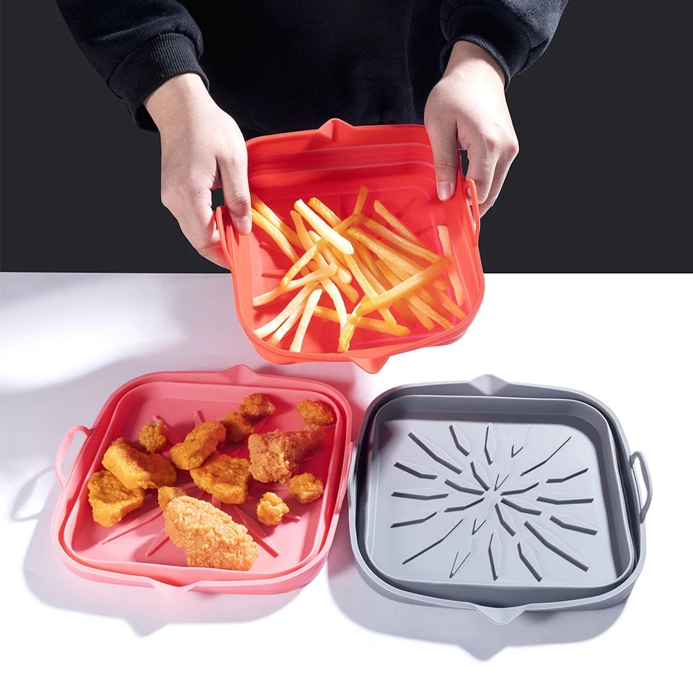 Foldable Square Silicone Air Fryer, Oven, and Microwave Liners - Set of 3: Non-Stick, 8 inches Reusable (Ideal for Baking, Grilling, and Frying) in Red, Black, and Gray.