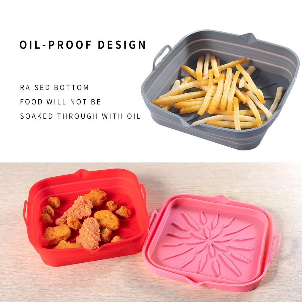 Foldable Square Silicone Air Fryer, Oven, and Microwave Liners - Set of 3: Non-Stick, 8 inches Reusable (Ideal for Baking, Grilling, and Frying) in Red, Black, and Gray.