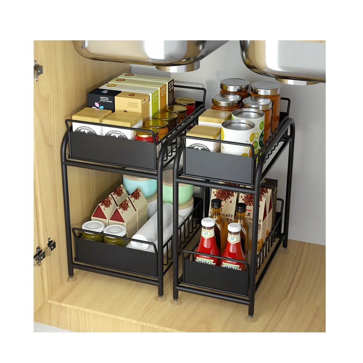 Kitchen sink under the pull off shelf multifunctional double carbon steel drawer under the storage rack.