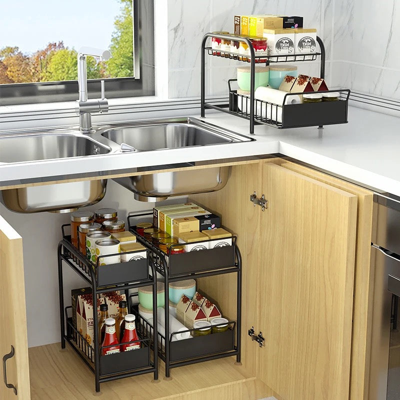 Kitchen sink under the pull off shelf multifunctional double carbon steel drawer under the storage rack.