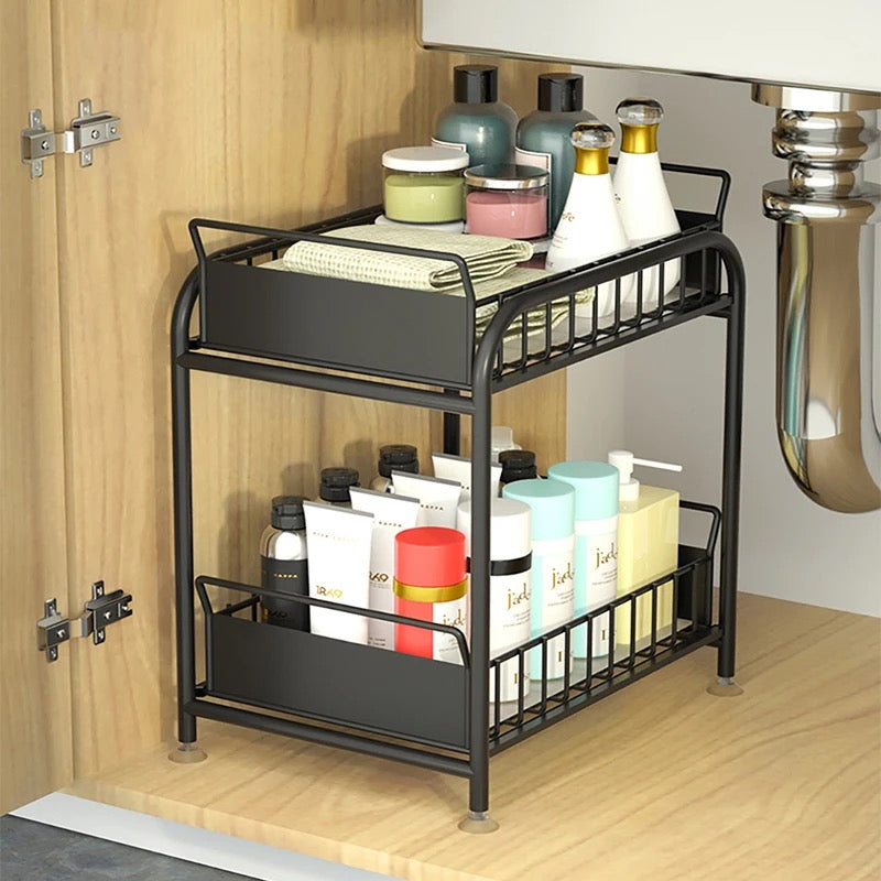 Kitchen sink under the pull off shelf multifunctional double carbon steel drawer under the storage rack.