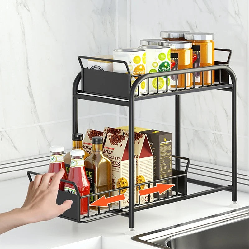 Kitchen sink under the pull off shelf multifunctional double carbon steel drawer under the storage rack.