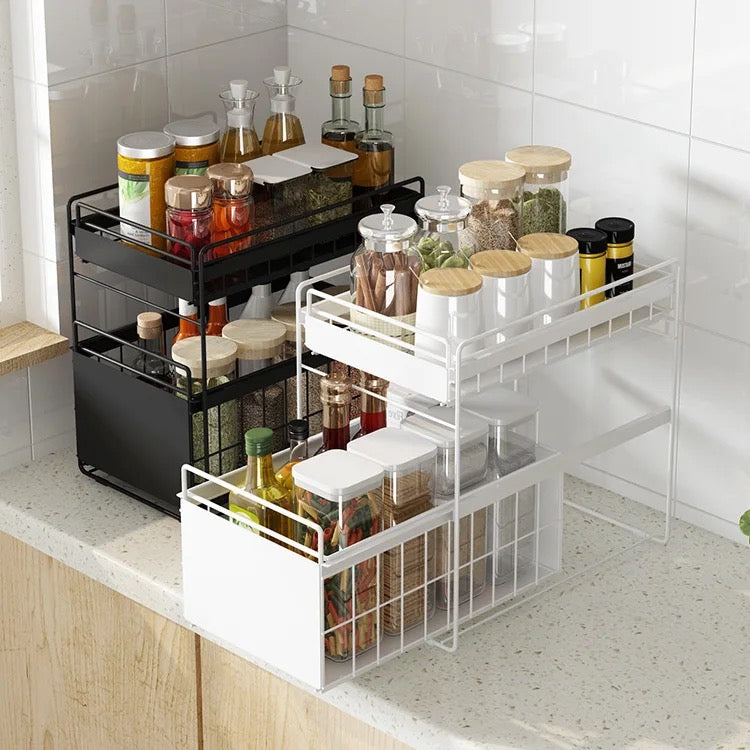 Kitchen sink under the pull off shelf multifunctional double carbon steel drawer under the storage rack.