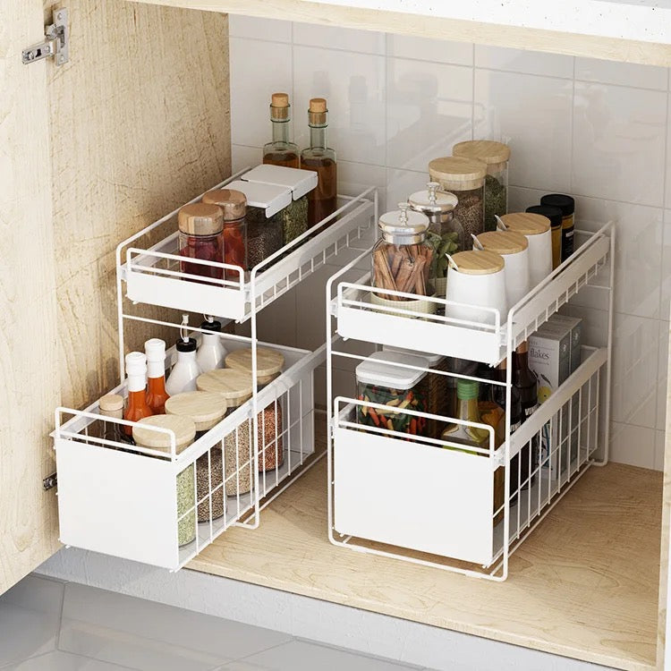 Kitchen sink under the pull off shelf multifunctional double carbon steel drawer under the storage rack.