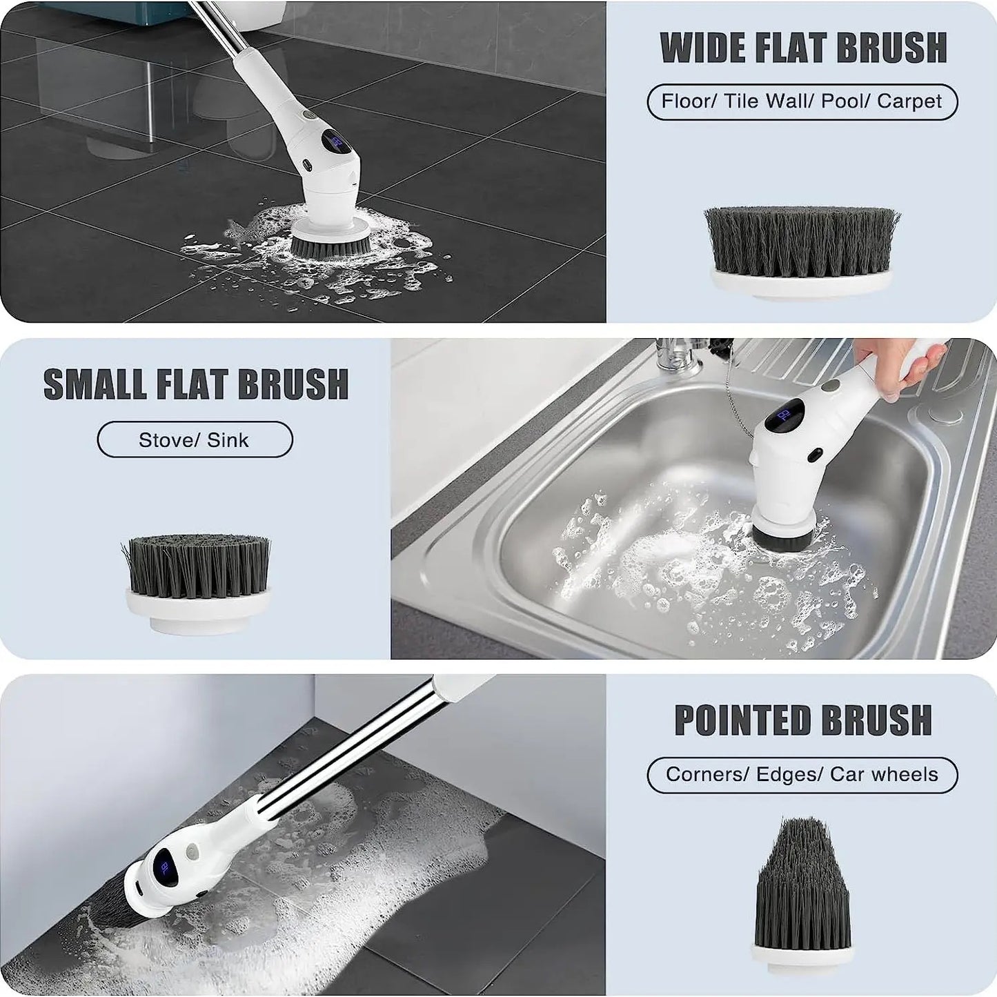 8 in 1 LED Cordless Powerful Spin Cleaning Brush (with LED Night Light , 3 Speed Control,Battery LED Display)