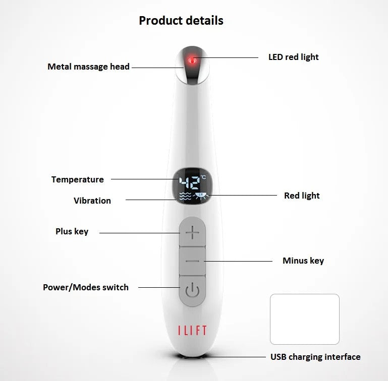 ISP - 3 in 1 Vibrating Red Light 98°F to 113°F LCD Display Eye Massager for Dry Eyes, Dark Circles and Puffiness, Electrical Face, Neck Sculpting Pen for Fine Lines and Wrinkles