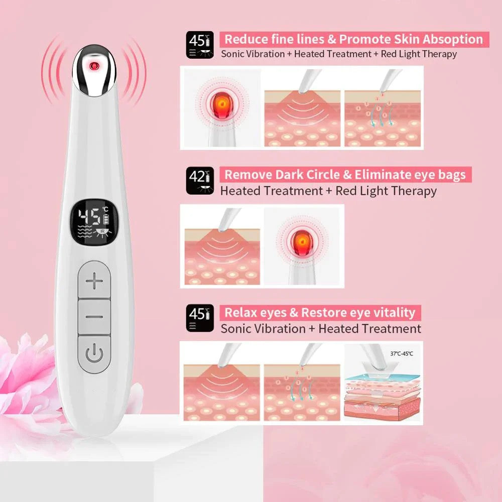 ISP - 3 in 1 Vibrating Red Light 98°F to 113°F LCD Display Eye Massager for Dry Eyes, Dark Circles and Puffiness, Electrical Face, Neck Sculpting Pen for Fine Lines and Wrinkles